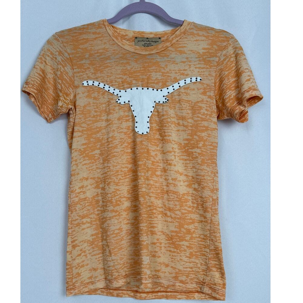 Jennifer Kelly Designs Womens Texas Longhorn Leather Tee Size M Orange UT